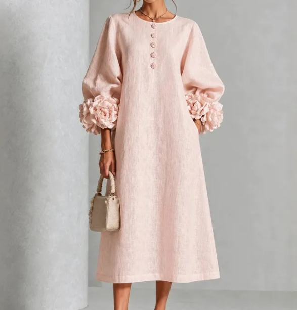 Carlotta™ | Robe Midi en Lin avec Poignets Fleuris