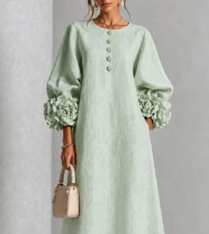 Carlotta™ | Robe Midi en Lin avec Poignets Fleuris