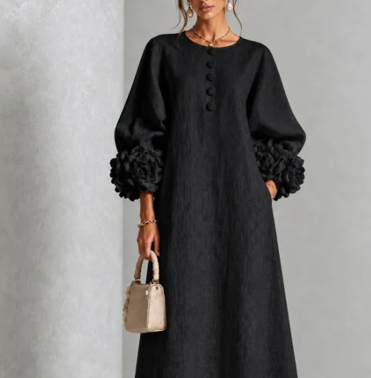 Carlotta™ | Robe Midi en Lin avec Poignets Fleuris