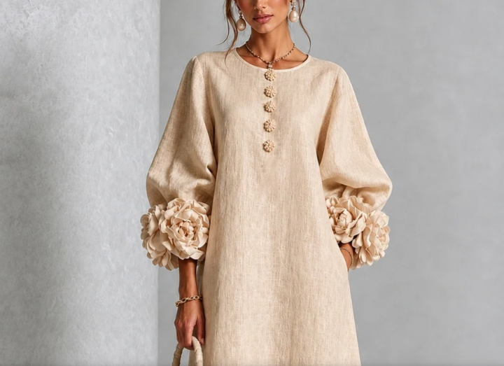 Carlotta™ | Robe Midi en Lin avec Poignets Fleuris