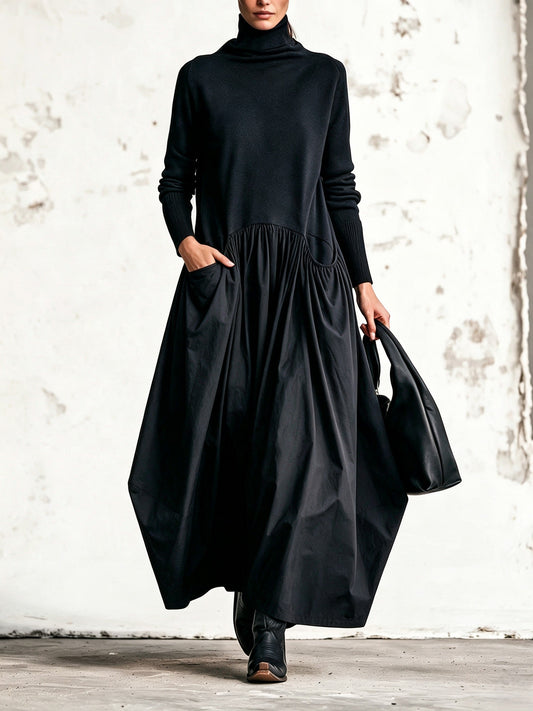 Fiorenza | Robe maxi noire oversize à col montant et détails de poches