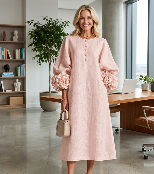 Carlotta™ | Robe Midi en Lin avec Poignets Fleuris