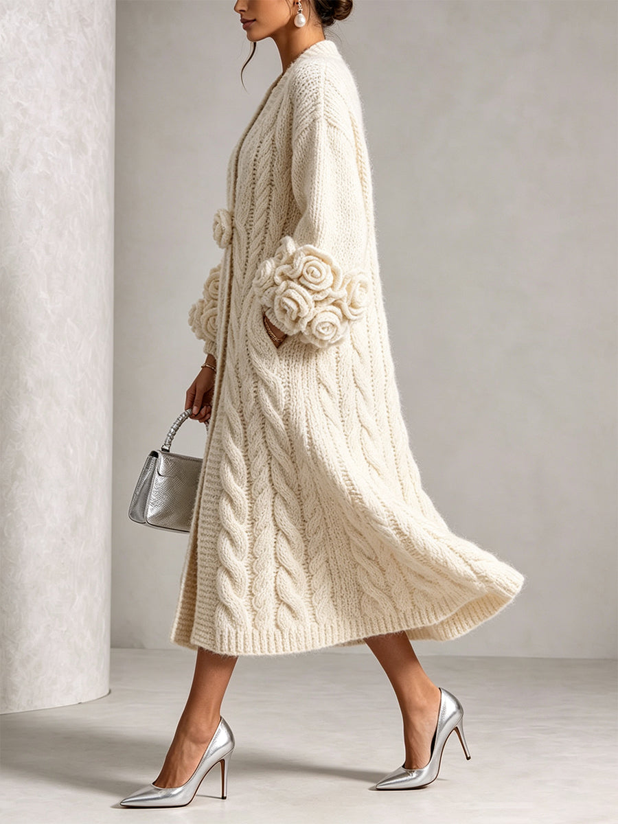 Cardigan Long En Maille Rehaussé De Motifs Floraux