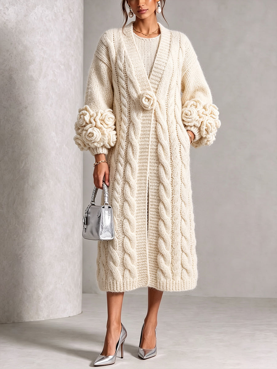 Cardigan Long En Maille Rehaussé De Motifs Floraux